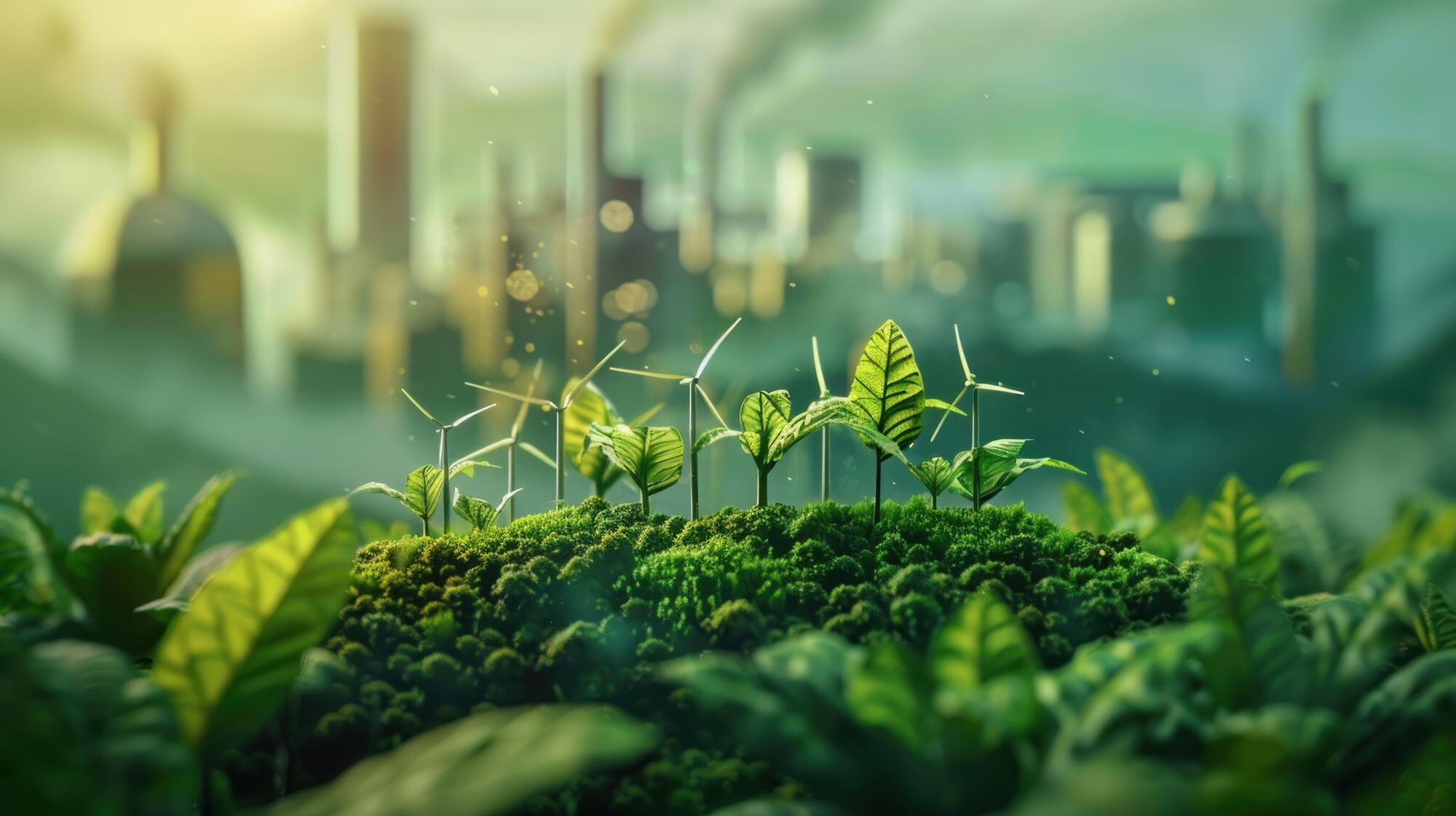 A field of green grass with a city industrial in the background