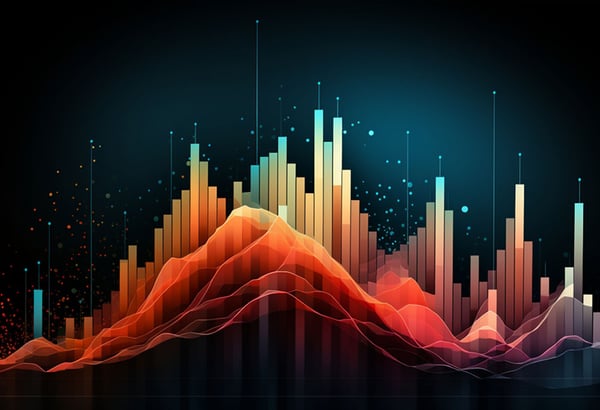 rainbow coloured bar and line graphs on dark background